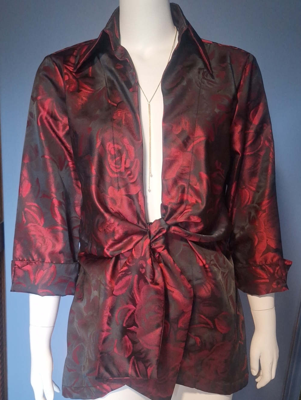 Neiman Marcus Red and Black Floral Satin Tie-Front Blazer
